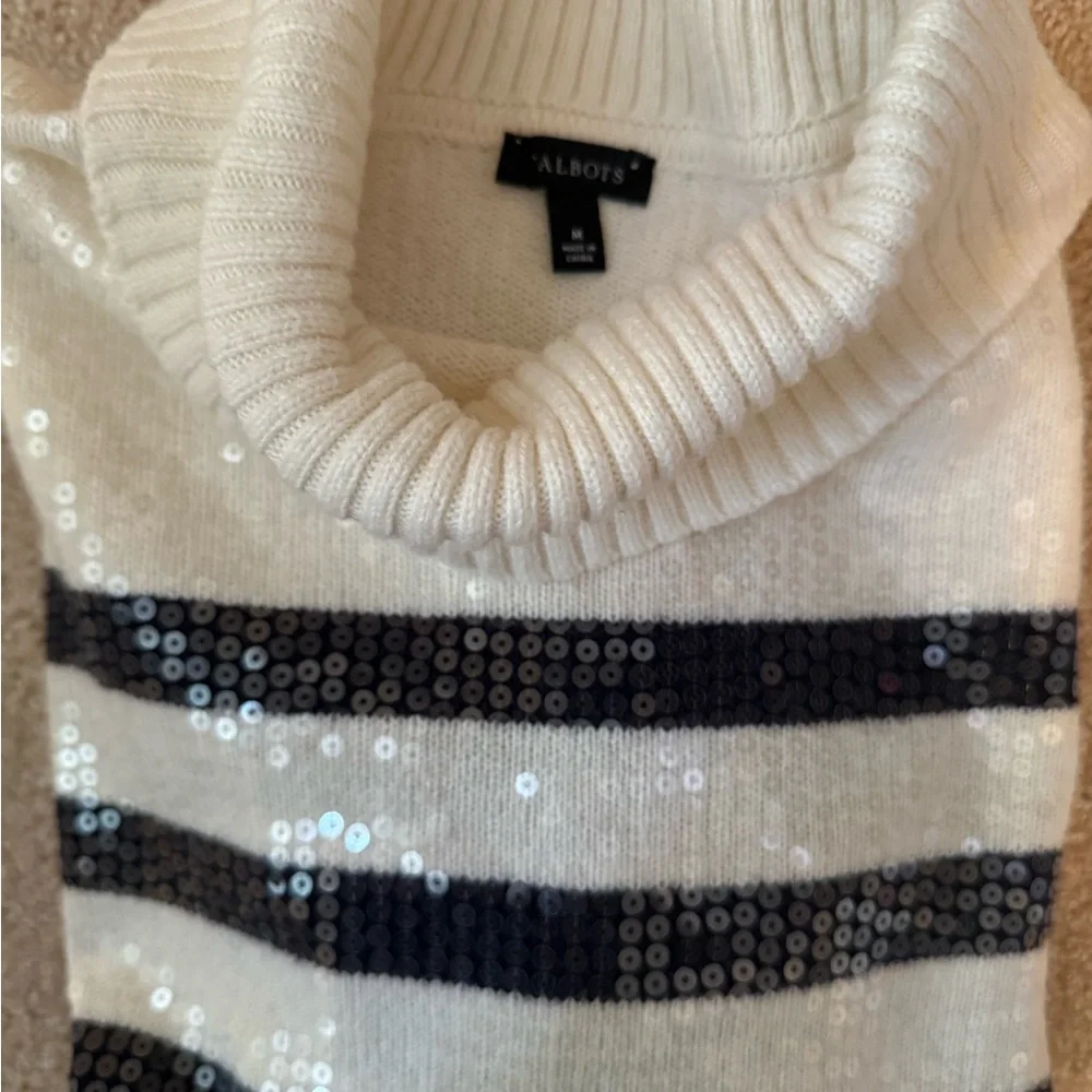 Talbots Cream and navy Striped Sequin Sweater - Picture 11 of 12